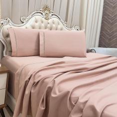 Jogo Cama Lençol King Realce Percal 400 Fios 3 Peças - Rosê