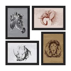 Quadros Animais Safari África Moldura Preta 33x43cm 4un