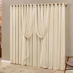 Cortina Monte Real 4,00M X 2,70M Tecido Blackout Voal Trabalhado Xadrez Sala Quarto - Palha