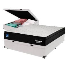 Cama Box Baú Branco e Colchão Casal Concept Molas Ensacadas Plumatex