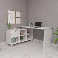 Escrivaninha Mesa Em L Escritório Com Gavetas E Nichos Gold Branco