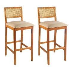 Kit 2 Banquetas Rattan com Pés em Madeira Maciça Ariel - Matos e Lopes