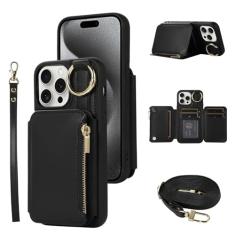 Furiet Capa carteira para iPhone 15 Pro de 6,1 polegadas com alça de pulso e ombro porta-cartão anel flip zíper 6+ compartimentos para cartão RFID bloqueio capa de telefone para iPhone15Pro 5G i