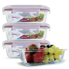 Kit Conjunto 4 Potes Vidro Hermético Tampa Plástico Marmita Mantimento