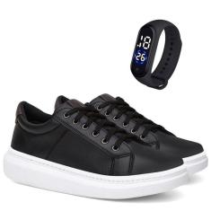 Tenis Sapatenis Casual Urbano Masculino em Couro Confortavel + Relogio Digital-Masculino
