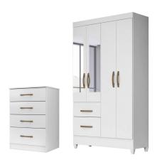 Kit Guarda Roupa Solteiro com Espelho Madri e Cômoda MS