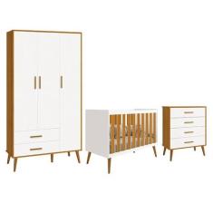 Dormitório Infantil Isis Guarda Roupa 3 Portas, Cômoda e Berço Branco/