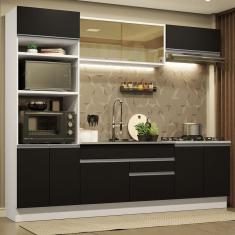 Cozinha Completa Madesa Glamy 270010 com Armário e Balcão (Sem Tampo e Pia) - Branco/Preto