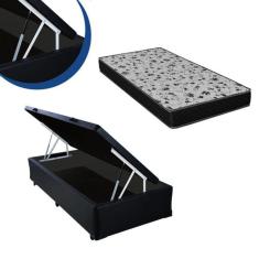 Cama Box Baú Solteiro Sintético Preto + Colchão Espuma D33 Bordado 56x88x188cm