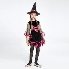 Fantasia Infantil Juvenil Halloween  Dia das Bruxa Rosa Com Chapéu - S