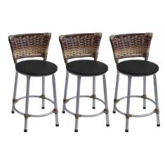 Kit 3 Banquetas Baixas Prata com Encosto Junco Capuccino Assento Preto