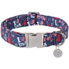 Coleira patriótica para cães, coleira de 4 de julho, coleira com bandeira americana para filhotes, meninos, meninas, cães ou gatos, coleira de verão confortável com fivela de metal, P, pescoço 25 a 40