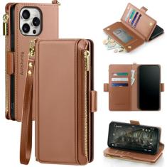 Antsturdy Capa carteira para iPhone 13 Pro Max 【bloqueio de RFID】 Capa de telefone de couro PU feminina masculina flip capa protetora à prova de choque com alça zíper compartimentos para cartão de