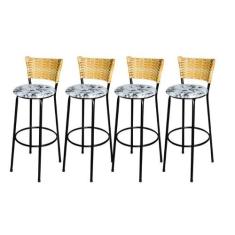 Jogo 4 Banqueta Alta Para Cozinha Ratan Palha Preta Estofado Floral - 