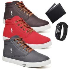 Kit 3 Tênis Casual Cano Alto + Relógio Digital + Carteira-Masculino
