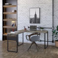 Mesa de Escritório em L Estilo Industrial 135x150cm Kuadra Carvalho / Est.Preta
