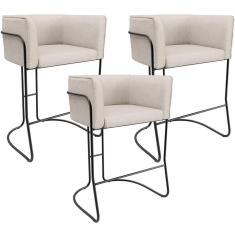 Kit 03 Banquetas Baixa Base De Aço Preto Betina D02 Linho Cru D-461 - Lyam Decor