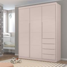 Conjunto Quarto Infantil Com Guarda Roupa 3 Portas 4 Gavetas e Cômoda Pérola Rosa