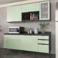 Cozinha Compacta Azaleia 200cm Com Tampo, 4 Peças, 8 Portas E 3 Gavetas Com Divisor De Talheres Verde