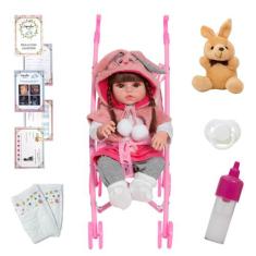 Boneca Reborn Realista Menina Coelhinha 46cm Com Carrinho - Cegonha Re