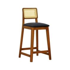 Banqueta Gabi Madeira Maciça Encosto Telinha c/ 68cm Altura - Amêndoa - Assento Estofado Corano Preto