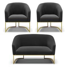 Namoradeira E 2 Poltronas Base Industrial Dourado Stella Suede D03 - D`rossi Cor Preto