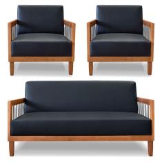 Kit 2 Poltronas e Sofá Living 2 Lugares Marilia 1,60m Corano Preto Base em Madeira Castanho - Pallazio