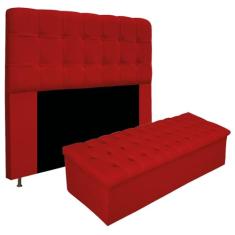 Kit Cabeceira Estofada Mel Cama Box Casal 140 cm mais Calçadeira Baú Mel com Capitonê Suede Vermelho para Quarto - AM Decor