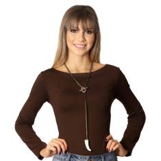 Blusa Feminina Manga Longa Marrom  Decote Canoa