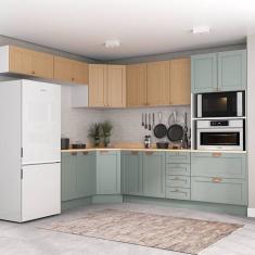 Cozinha Modulada 8 Peças com Tampo 1 Torre 4 Aéreos 3 Balcões Arizona Cabecasa Madeiramadeira Figueira/Menta