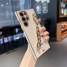 Estojo maleável com corrente para pulseira de revestimento para Samsung Galaxy S22 Ultra S21 S20FE A53 A33 A52 A32 A12 5G Capa transparente com revestimento quadrado, branco, para Samsung S2