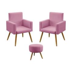 Kit 2 Poltronas Decorativas Estofada Para Sala De Estar Nina e Puff So