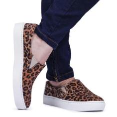 Tênis Slip On Casual Feminino Oncinha Calce Fácil Com Elastico-Feminino