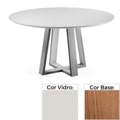 Mesa Jantar Emilly Maitê Redonda 140 Cm Tampo Madeira Vidro Colado Carvalho E Laca Branca