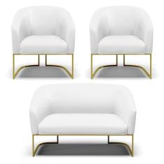 Sofá Namoradeira E 2 Poltronas Base Industrial Dourado Stella Corino D03 - D`rossi Cor Branco