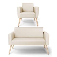 Sofá Namoradeira Com Poltrona Pés Palito Natural Marisa Corino Bege D03 - D`rossi