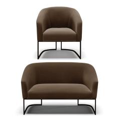 Sofá Namoradeira E Poltrona Base Industrial Preto Stella Suede Marrom D03 - D`rossi