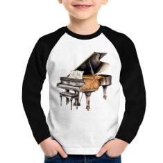 Camiseta Raglan Infantil Piano Arte Manga Longa - Foca na Moda, Branco