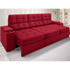 Sofá com Porta Copos e Carregador USB Eureka 2,30m  Assento Retrátil e Reclinável Velosuede Vermelho - NETSOFAS