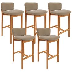 Kit 05 Banquetas Alta Dara Poliéster Bege Estrutura Madeira Encosto Fixo Apoio Pés Cozinha Bar