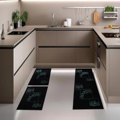 Jogo Tapete Cozinha Preto Algodão Antiderrapante 3 Peças Folhas