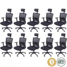 Kit 10 Cadeiras Escritorio Presidente Ergonômica NR17 Tela Mesh 3317 -