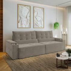 Sofá Retrátil e Reclinável com Porta Copos e Usb 4 Lugares 290cm Embaúba Extra Cabecasa Madeiramadei Cinza Claro Fosco