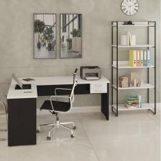 Conjunto Home Office 2 Peças com Escrivaninha Work30 e Estante Kuadra Snow/Preto Ônix