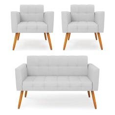 Kit 1 Sofá Namoradeira E 2 Poltronas Elisa Linho Pés Palito Castanho - D`rossi Cor A26 Grafite