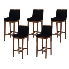 Kit 5 Banqueta Bistrô Berlim Pé Alto em Madeira Maciça de Eucalipto Verniz Veludo marrom e preto
