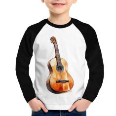 Camiseta Raglan Infantil Violão Manga Longa - Foca na Moda, Branco, Pr