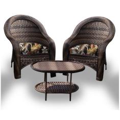 Conjunto de Poltronas Fibra Sintética Tóquio - 2 Poltronas + 1 Mesa Centro - Tecido Revieira Marrom