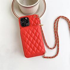 Capa tipo carteira transversal para iPhone 14 13 12 11 Pro Max Slot para cartão Corrente Alça com zíper Bolsa com zíper Capa de couro, vermelha, para iPhone 12
