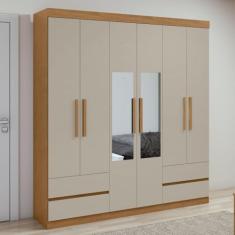 Guarda-roupa 6 Portas 4 Gavetas Zeus com espelho Amêndoa Clean/off White